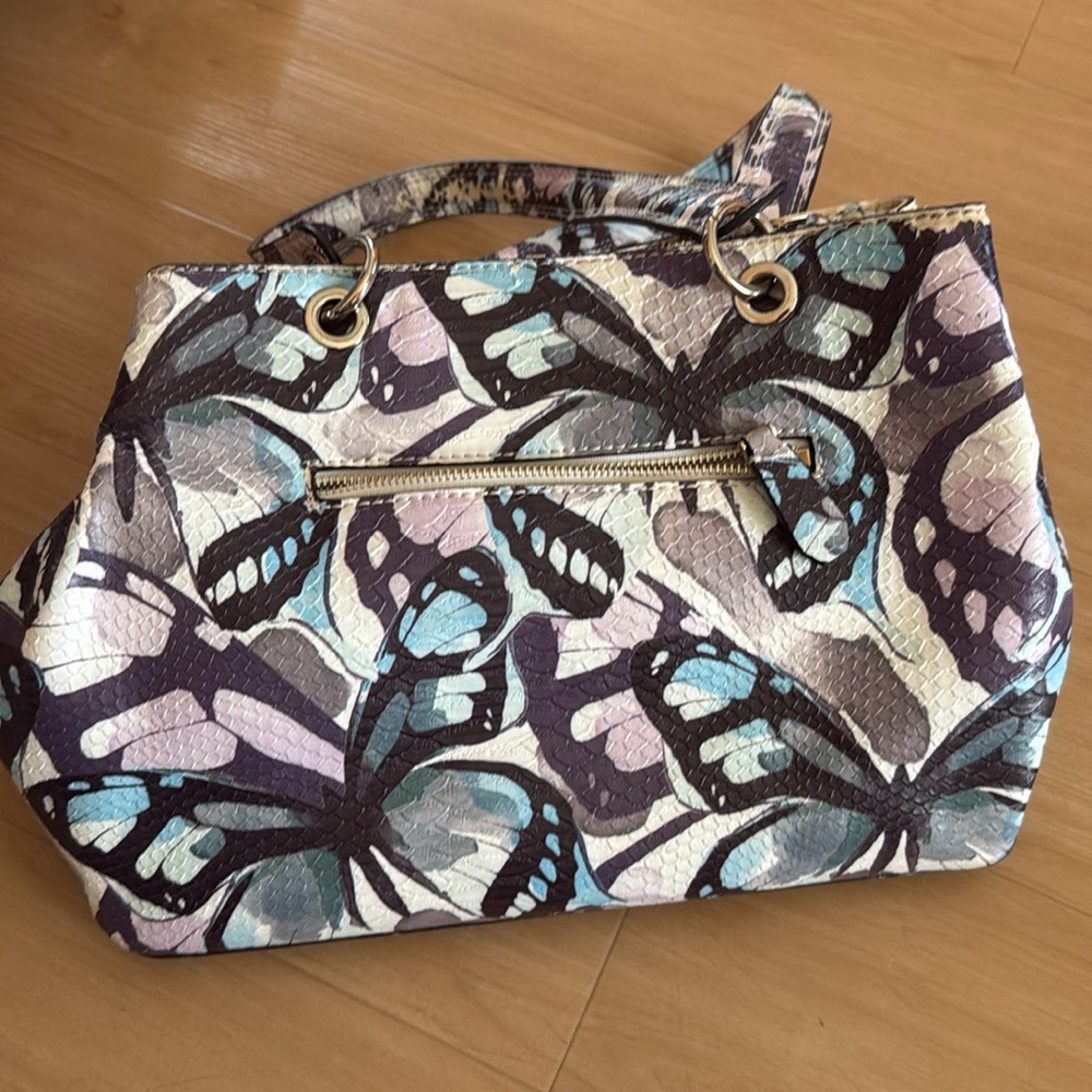 GUESS FLUTTER PASTEL COLOR BUTTERFLY LARGE PURSE BAG 2 COMPARTMENTS W/ POCKETS - Picture 7 of 16